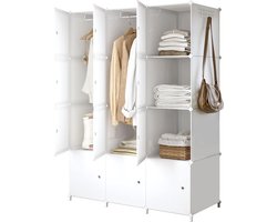 draagbare kledingkast, ruimtebesparende modulaire kunststof kast met deuren met ophangstang, ideale boekenkast, woonkamer, slaapkamer, kinderkamer, 12 kubussen