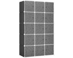 Draagbare kledingkast voor de slaapkamer - kast met 15 vakken en kledingstang - modulaire opbergkast - ruimtebesparende kunststof kledingkast