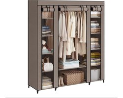 Draagbare Kledingkast Voor Slaapkamer, Kleerhanger Met Stoffen Afdekking, 45 x 150 x 175 cm, 12 Vakken, Metalen Frame, Taupe LSF003R02