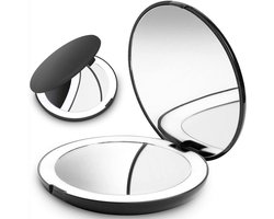 Draagbare make-upspiegel - 10x vergrotende spiegel - Past in handtas - Reis - Dubbelzijdig met 10x vergrotende spiegel en 1x spiegel - Draagbare LED-zakspiegel - Met licht - Zwart