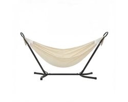 Draagbare metaalframe hammock met frame 300x90x95cm zwarte frame+crèmekleurige hammock omstortingbestendig ontwerp draagcapaciteit 240kg eenvoudig te installeren modern minimalistisch trendy ontwerp 5 standen verstelbare hoogte terras tuin