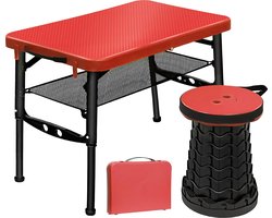 Draagbare opvouwbare tafel - met opvouwbare kruk - in hoogte verstelbare kleine tafel en telescopische kruk - campingtafel, inklapbare tuintafel - voor reizen, picknicken, vissen, wandelen, binnen - rood