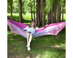 Draagbare outdoor camping volautomatische nylon parachutehangmat met klamboes, afmeting: 290 x 140 cm (roze blauw)