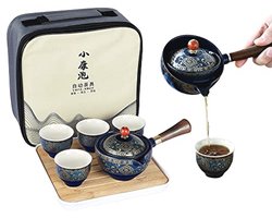 Draagbare Reistheeset met Gouden Bloem Patroon en Bamboe Dienblad