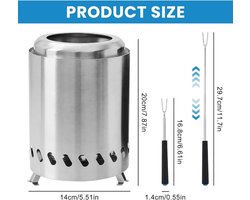 Draagbare roestvrijstalen vuurkorf - rookvrij - 1 stuk - 14 x 20 cm - roestvrij staal