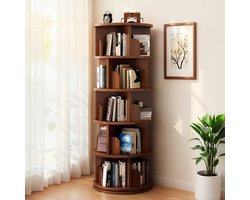 Draaibaar Boekenrek met 5 Planken Walnoot - 360° Draaifunctie - Ruimtebesparend - Compact - Voor Kleine Ruimtes