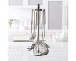 Draaibaar kookgerei rek - Hangend opbergrek van roestvrij staal - Met 6 haken - Opbergrek voor serviesgoed - Rek voor keukenbenodigdheden - Multifunctioneel keukenrek - Geschikt voor lepels, spatels en soeplepels - Slijtvast ontwerp - Zilver