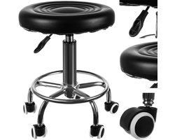 Draaibaar kruk met wieltjes, draaibare make-upstoel, in hoogte verstelbaar, 43 - 54 cm, PU-lederen zitting, voetensteun, rubberen wielen, 150 kg, kappersstoel, zwart