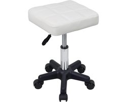Draaibaar kruk Vierkante draaibare kruk met wielen PU lederen rolkruk in hoogte verstelbaar voor spa salon massage wit