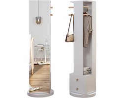 Draaibaar Staande Passpiegel met Kledingrek – 3-in-1 Ganzlichaamsspiegel + Kledinghaak + 2 Laden, 360° Draaibare Spiegelkast, Wit (45x45x160 cm)