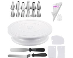 Draaibaar Taartplateau - Taart decoratie set 69 delig - Taart Decoratie Set - Bak Spullen - schrapers - spatel - TPU-zakken - Spuitzak met RVS Spuitmondjes - Taart accessoires - voor het decoreren van taarten, bakset