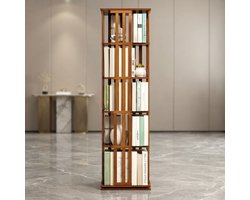 Draaibare Bamboe Boekenkast 5 Lagen 149 cm – 360° Roterende Smalle Boekenkast, Hoekkast, Opbergkast voor Boeken, Kinderkamer, Woonkamer & Kantoor – NoviHomeStore