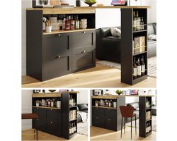 Draaibare Bartafel - Eettafel Bureau - Flexibel Gebruik - Met 4 Laden - 102 x 105 x 39 cm - Zwart