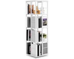 Draaibare Boekenkast – 4-Lagen 360° Roterende Boekenkast – Hoekrek met Metaal Frame – Compact Opbergrek voor Kleine Ruimte – Woonkamer, Slaapkamer of Kantoor – Wit