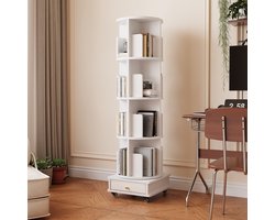 Draaibare boekenkast - 4 planken, wit, met één lade, op wieltjes, draaibaar - opbergrek Geschikt voor de studeerkamer en de slaapkamer