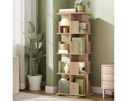 Draaibare Boekenkast met 4 Niveaus – 360° Rotatie Kast, Moderne Staande Boekenkast met 16 Open Vakken, Kamerverdeler & Opbergkast voor Woonkamer, Kantoor of Slaapkamer – Naturel Hout – 40 x 129 x 40 cm