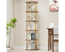 Draaibare boekenkast van hout – 360° staande kast met 5 verstelbare niveaus, vintage bruine afwerking, ideaal voor woonkamer, kantoor of studeerkamer (45 × 45 × 160 cm)