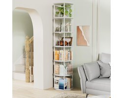 Draaibare boekenkast van hout – 360° staande kast met 6 verstelbare niveaus, witte afwerking, ideaal voor woonkamer, kantoor of studeerkamer (45 × 45 × 193 cm)