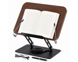 Draaibare Boekenstandaard - Houten Leesstandaard voor Boeken - Verstelbare Boekhouder voor Lezen en Studeren - Tafelstandaard voor Boeken en Tablet - Hout en Koolstofstaal - Zwart Notenhout - 30 × 24 × 39 cm