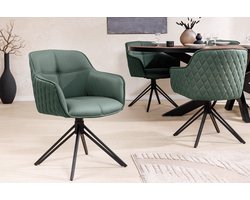 Draaibare Design Stoel EUPHORIA Groen Echt Leer Zwart Metalen Frame met Armleuning - 45863