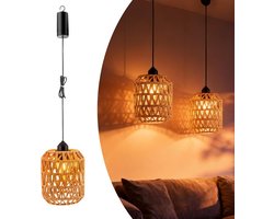 Draaibare Draadloze Hanglampen met Batterij voor Binnen en Buiten, 2 Stuks, Rieten Plafondlamp met Afstandsbediening