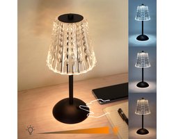 Draaibare Draadloze Tafellamp LED - Oplaadbaar & Dimbaar - 3 Kleurmodi - Metalen Kristal Nachtkastje