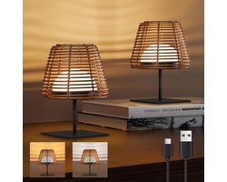 Draaibare Draadloze Tafellamp met USB Opladen - Natuurlijk Hout en Rotan Ontwerp