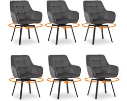 Draaibare Eetkamerstoelen met Armleuningen - 6 Stuks Fluwelen Keukenstoelen in Donkergrijs