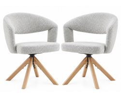 Draaibare Eetkamerstoelen Set van 2 – 360° Draaibaar – Lichtgrijze Stoffen Bekleding – Massief Houten Poten – Gebogen Rugleuning – Scandinavisch en Retro Design