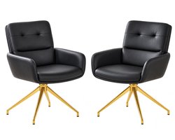 Draaibare Eetkamerstoelen Set van 2 – Luxe Stoelen met Armleuningen – 360° Draaibaar – Zwarte Kunstleren Bekleding – Goudkleurige Metalen Poten – Comfortabele Designstoelen – Zwart/Goud