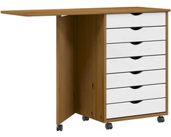 Draaibare kast bureau - Werkstation op wielen - Thuiswerken organiseren - Opvouwbaar tafelblad - Massief grenen - Mos amber