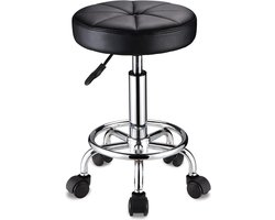 Draaibare kruk met wielen - ronde rollende krukken - PU leer - in hoogte verstelbaar - zwart