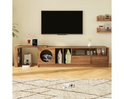 Draaibare moderne tv-meubel – uitschuifbaar, huisdier-vriendelijk, verstevigde glazen deuren, kattenhol (zonder kussen), notenkleur, 180(+80)×40×50 cm