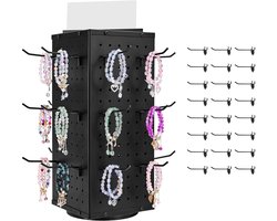 Draaibare Pegboard-Displaystandaard, 18,8 X 18,8 X 43,2 Cm, 4-Zijdige Draaibare Organizer met 24 Haken, Duurzaam Stalen Rek voor Winkels En Juwelierszaken, Zwart