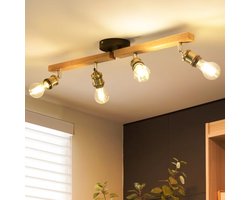 Draaibare Plafondlamp met 4 Spots - Vintage E27 Houten Plafondverlichting