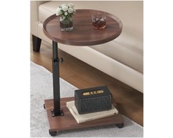 Draaibare Ronde Koffietafel - Houten 2-Laags, Hoogte Instelbaar + 4 Wielen, PVC-Gecoate Oppervlakte, Bijzettafel voor Woonkamer Keuken Kantoor Café, Bruin
