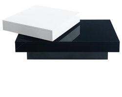 Draaibare salontafel met zwart-witte stiksels, moderne eenvoudige salontafel met hoogglans oppervlak, dubbellaags salontafel van spaanplaat, geschikt voor de woonkamer van een appartement