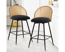 Draaibare zwarte barkrukken set van 2 met rotan rug en metalen poten voor keuken of bar