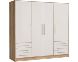 Draaideurkast 4 Deuren met 6 Lades en Planken – Ruime Kledingkast 206x60x200 cm Wit met Sonoma Eiken Decor – Opbergkast voor Slaapkamer & Kinderkamer – Modern Design –