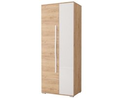 Draaideurkast NELIA – 2-deurs kledingkast met lade, legplanken en kledingroede – Eiken Craft Goud + Wit hoogglans – 80x202x52 cm