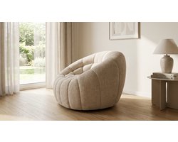 Draaifauteuil – House&Garden Cloud Elite Clay Design Fauteuil 115x104x80 cm – Luxe Organische 360° Draaistoel – Comfortabele Bouclé/Chenille Lounge Fauteuil – Modern Statement Design Stoel – Zwart Houten Onderstel