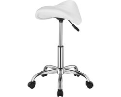 Draaikruk Met Wieltjes, 204 Kg Draagvermogen - Ergonomisch en Verstelbaar - PU Lederen Zitting - voor Salon en Kliniek - Wit