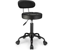 Draaikruk op wielen, in hoogte verstelbaar, rolkruk met rugleuning, PU-lederen zitkussen, zwart