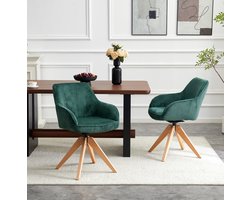Draaistoel Set van 2 - 360° Stil Draaibaar Met Armleuningen - Voor Eetkamer, Woonkamer En Kantoor - Velvet Donkergroen Met Houten Poten