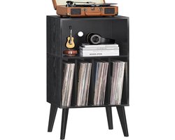Draaitafel standaard, platenspeler standaard biedt plaats aan maximaal 160 albums, Mid-Century vinyl opberghouder, tafel met houten poten, platenspeler kastrek, zwart, bijzettafel