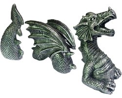 Draken Beeld - Dierenfiguur Sculptuur - Tuin Decoratie - Drie Delen - 234 cm hoog - Zilver
