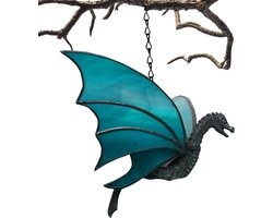 Draken sculptuur - Hangend figuur - Tuin decoratie - Zonne-energie verlichting - 19x13x10 cm - Blauw
