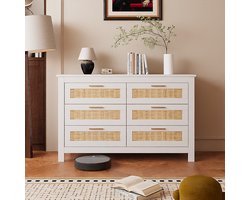 Drawer Chest 6 Drawers Cabinet Wooden Storage Cabinet Sideboard with 6 Drawers Side Cabinet High Legs Wood Bedside Chest for Bedroom Kitchen and Living Room Furniture Easy Assembly White