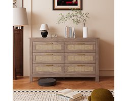 Drawer Chest 6 Drawers Cabinet Wooden Storage Cabinet Sideboard with 6 Drawers Side Cabinet High Legs Wood Bedside Chest for Bedroom Kitchen and Living Room Furniture Easy Assembly Wood Color