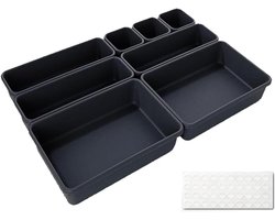 Drawer Organizer Box Set of 8 - Organisatie Systeem voor Keuken & Badkamer - Makeup - Kruidens - Plastic Ladebox met Siliconen Matten - Bureau & Kaptafel Verdeler - Lade Sortering Box